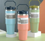 Stainless Steel Double-Wall Vacuum Tumbler With Built-in Straw & Fold-Down Handle