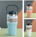 Stainless Steel Double-Wall Vacuum Tumbler With Built-in Straw & Fold-Down Handle