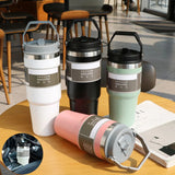 Stainless Steel Double-Wall Vacuum Tumbler With Built-in Straw & Fold-Down Handle