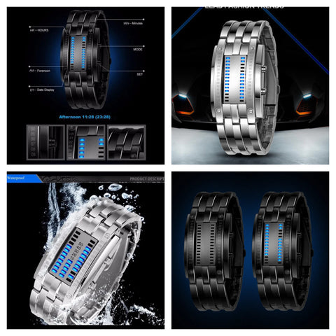 ﻿"Visionar" Futuristic LED Time Display Mirror Glass Metal Watch