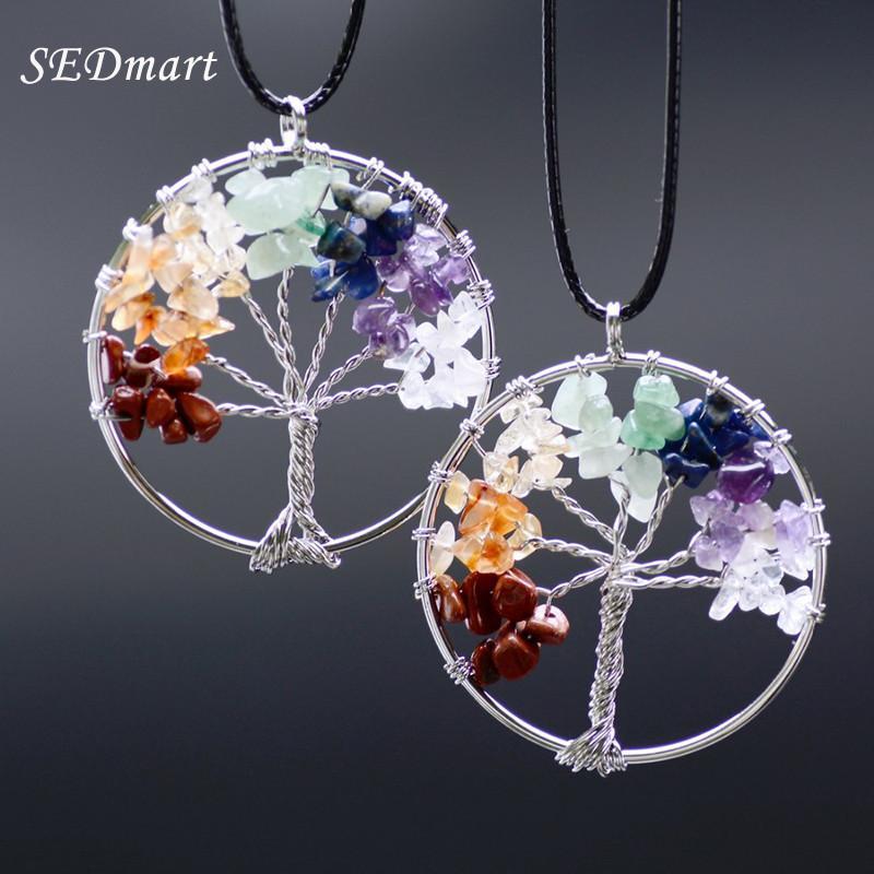Rainbow 7 Chakra Amethyst Tree Of Life Quartz Pendant - Indigo-Temple