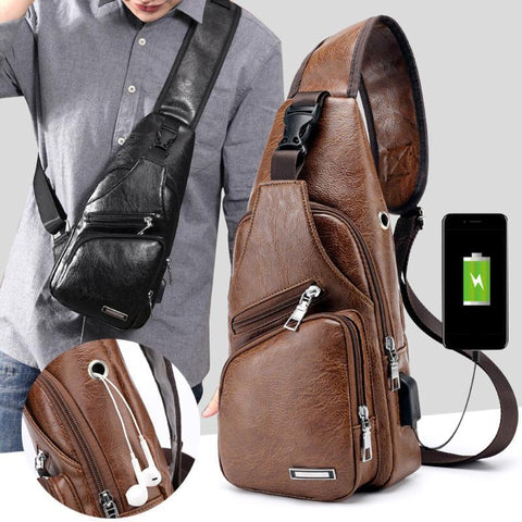 Single-Strap Leather Sling Bag with USB Port - Indigo-Temple