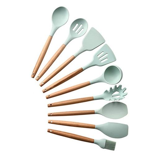 Non-stick Silicone Cooking Utensils Set with Wooden Handle BPA-FREE - Indigo-Temple