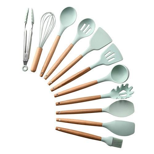 Non-stick Silicone Cooking Utensils Set with Wooden Handle BPA-FREE - Indigo-Temple