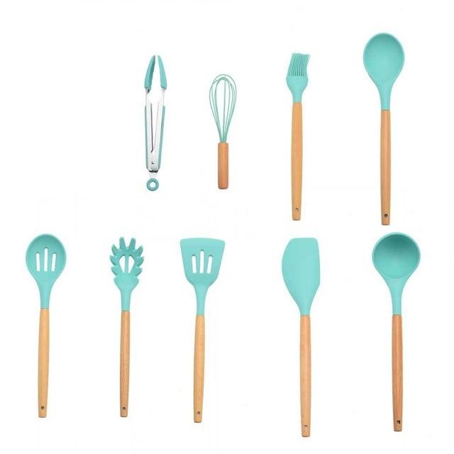 Non-stick Silicone Cooking Utensils Set with Wooden Handle BPA-FREE - Indigo-Temple