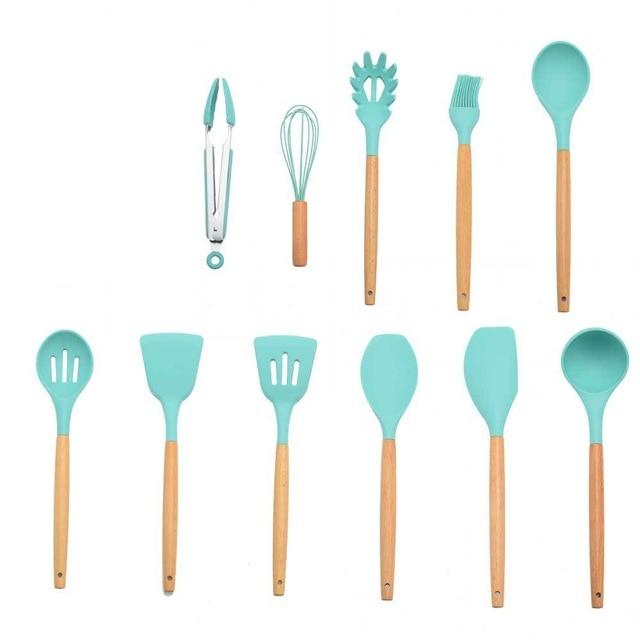 Non-stick Silicone Cooking Utensils Set with Wooden Handle BPA-FREE - Indigo-Temple