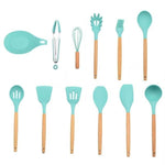 Non-stick Silicone Cooking Utensils Set with Wooden Handle BPA-FREE - Indigo-Temple