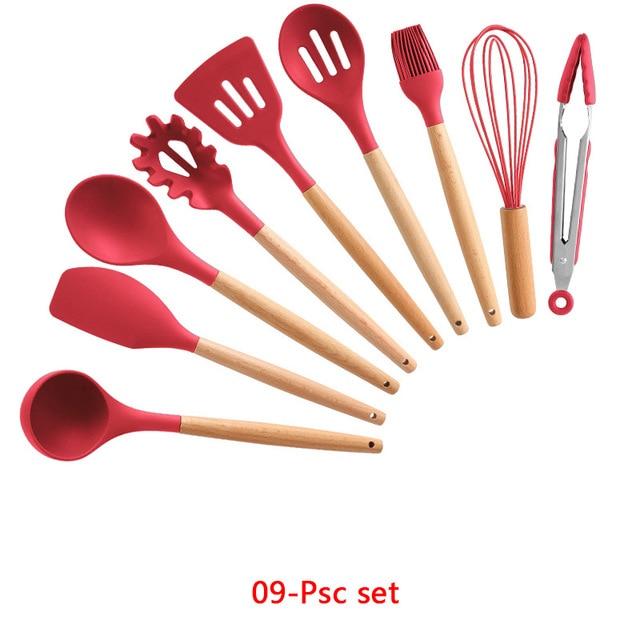 Non-stick Silicone Cooking Utensils Set with Wooden Handle BPA-FREE - Indigo-Temple