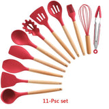 Non-stick Silicone Cooking Utensils Set with Wooden Handle BPA-FREE - Indigo-Temple