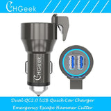 Fast Dual Car Charger With Escape Hammer & Belt Cutter - Indigo-Temple