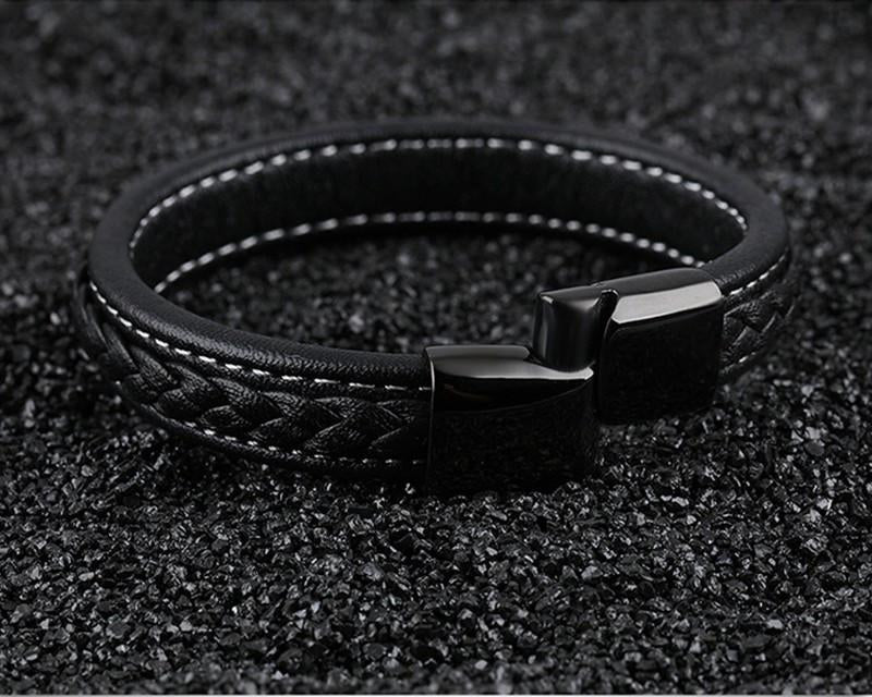 SAMU - Stainless Steel Magnetic Clasps Black Leather Bracelet - Indigo-Temple
